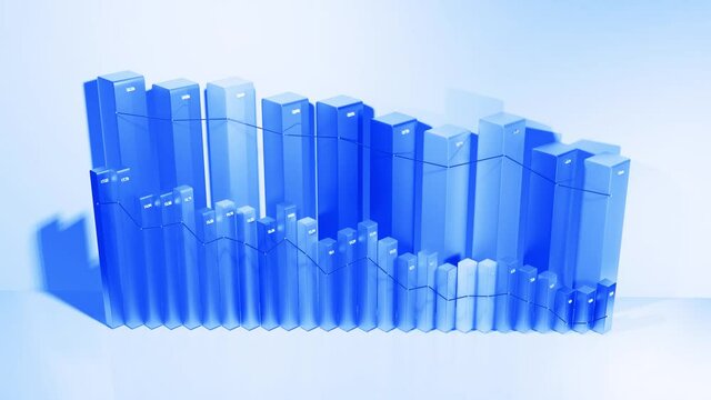 Abstract infographics. Crisis, stagnation and recession concept. Downgrade graph from columns. Economic loop background with copy-space in 4k. Beautiful 3d bars as chart of statistic data in blue.