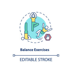 Balance exercise concept icon. Yoga position. Body care and health. Fitness training. Kinesiology idea thin line illustration. Vector isolated outline RGB color drawing. Editable stroke