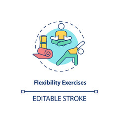 Flexibility exercises concept icon. Stretching workout. Body wellness. Yoga pose. Kinesiology idea thin line illustration. Vector isolated outline RGB color drawing. Editable stroke