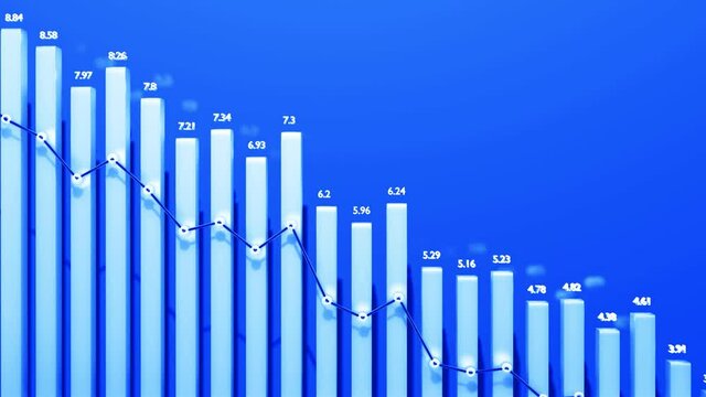 Abstract infographics. Crisis, stagnation and recession concept. Downgrade graph from columns. Economic loop background with copy-space in 4k. Beautiful 3d bars as chart of statistic data in blue.