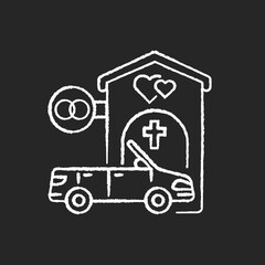 Drive through marriage chapel chalk white icon on black background. Small church for wedding. Car for newlyweds. Marry in Las Vegas. Romantic honeymoon. Isolated vector chalkboard illustration