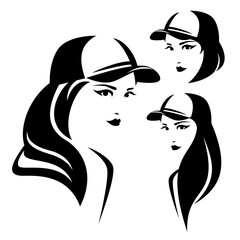 beautiful teenager girl wearing baseball cap - black and white vector portrait of pretty women with different hairstyles