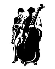 black and white vector outline design of two jazz musicians performing music playing saxophone and contrabass