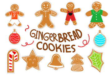 Set Of Christmas decoration vector isolated on white background. cookies, bell, sock, wreath, star cookies, sweater, ball. Gingerbread cookies, sock, snow ball. Set Of gingerbread cookies for christma