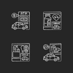 Car in drive in chalk white icons set on black background. ATM terminal. Bank service. Pharmacy store. Convenient drugstore. Coffee takeaway. Drink takeout. Isolated vector chalkboard illustrations