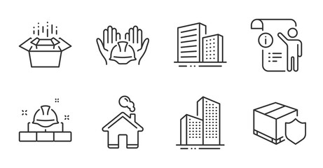 Delivery insurance, Skyscraper buildings and Home line icons set. Builders union, Packing boxes and Manual doc signs. Buildings, Construction bricks symbols. Quality line icons. Vector