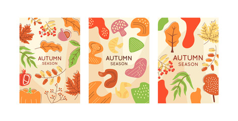 Fall scenery abstract posters template set. Dried leaves. Commercial flyer design with flat illustration. Vector cartoon promo card with organic shapes. Autumn harvest advertising invitations pack