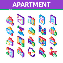 Fototapeta premium Apartment Building Icons Set Vector. Isometric Apartment Floor Plan Architectural Project And House, Real Estate Agreement And Key Illustrations