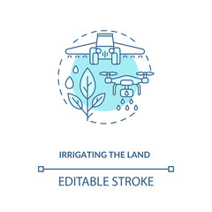 Irrigating the land concept icon. Agriculture machines tasks. Applying controlled amounts of water to crops idea thin line illustration. Vector isolated outline RGB color drawing. Editable stroke