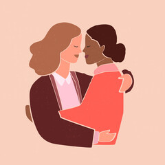 Obraz premium Lesbian female multiracial couple together. Woman tender hug and kiss. Abstract women portrait in pastel colors. Cutout people art poster. 