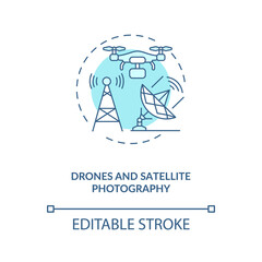 Drones and satellite photography concept icon. Innovative agriculture technology. Innovative farming devices idea thin line illustration. Vector isolated outline RGB color drawing. Editable stroke