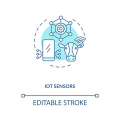 IoT sensors concept icon. Innovative agriculture technology. Animal devices which measure body condition idea thin line illustration. Vector isolated outline RGB color drawing. Editable stroke