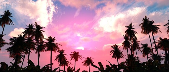 Beautiful sunset sky with palms, palms on the background of the sky with clouds and the sun, 3D rendering
