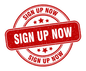 sign up now stamp. sign up now label. round grunge sign