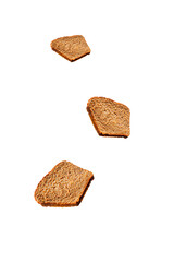 Falling sliced bread isolated on white background. Levitation, fly dieting baking concept.