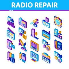 Fototapeta na wymiar Radio Repair Service Icons Set Vector. Isometric Radio Repair Electronic And Mechanical Equipment Soldering Iron And Ammeter Illustrations