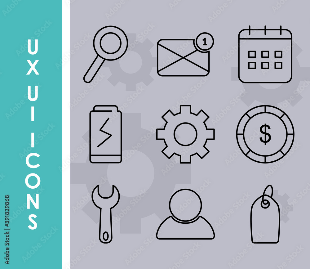 Poster ui ux icons set, half line half color style