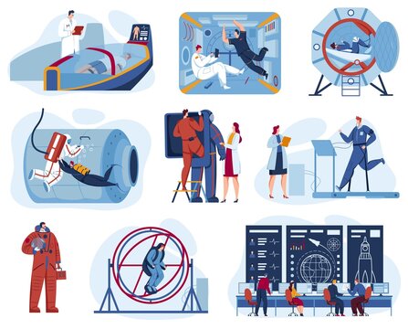 Space exploration center for astronaut training set of vector illustrations. Cosmonauts in space station. Scientists at nasa space station control center. Space simulator for astronauts.