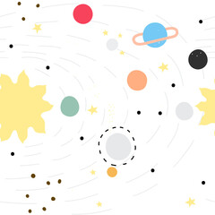 Cartoon minimalistic pattern with planets of the Solar System . Cute, adorable the sun, earth, mercury, venus, saturn, neptune, mars, jupiter, uranus. Cartoon cosmos. 