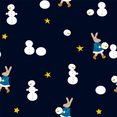 Naklejka premium Funny vector winter seamless pattern with cute Snowmen, rabbits and stars on the night christmass background. Cute christmass fabric design on the dark background. Making a snowman. 