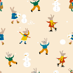 Fototapeta na wymiar Winter forest. Cute animals in warm clothes. Winter games outside. Playing snowballs, snow fortress, making a snowman and snow removal.