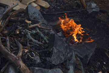 bonfire in the fireplace. Bashkortostan
