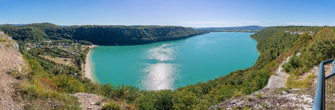 Fontenu, France - 09 03 2020: View from the belvedere of the Chalain lake