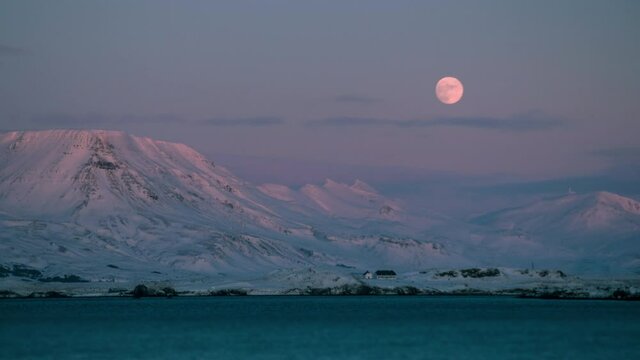 Moonrise, Snowy Pink Mountains, Sea, Videy Reykjavik, Timelapse