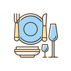 Eating utensils RGB color icon. Serving equipment. Table setting. Dinner plate, cutlery, wine glasses. Silverware and flatware. Dining etiquette. Knife and fork. Isolated vector illustration