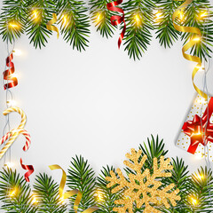 Fototapeta na wymiar Christmas background with realistic pine branches, shining garlands, gifts box, candy, glitter gold snowflake, tinsel. Template for Christmas and New Year greeting card, poster, postcard, banner