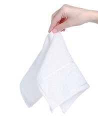 White hand towel in hand on white background isolation