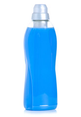 Blue laundry softener in plastic bottle on white background isolation