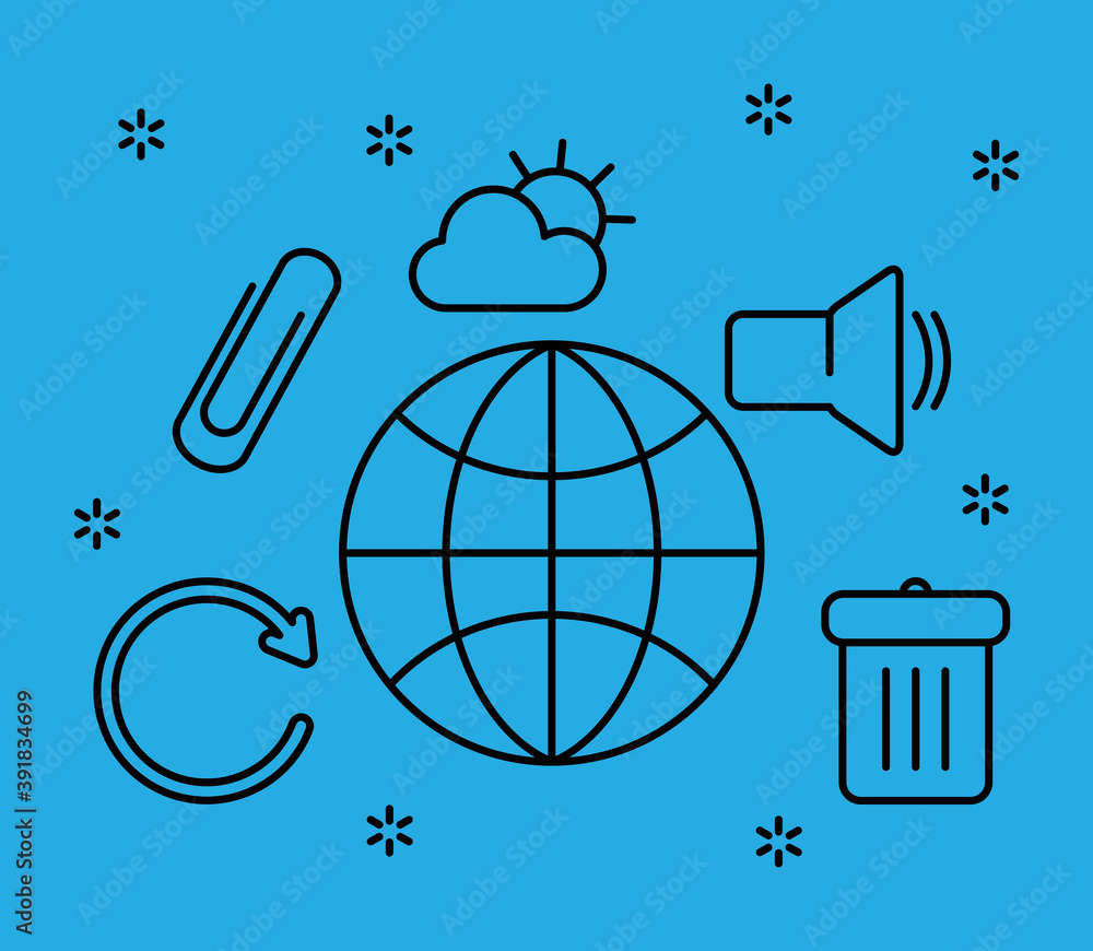 Poster global sphere with ui ux icon set, line style