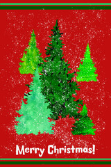 Naklejka na ściany i meble Red Christmas card with green Christmas trees.