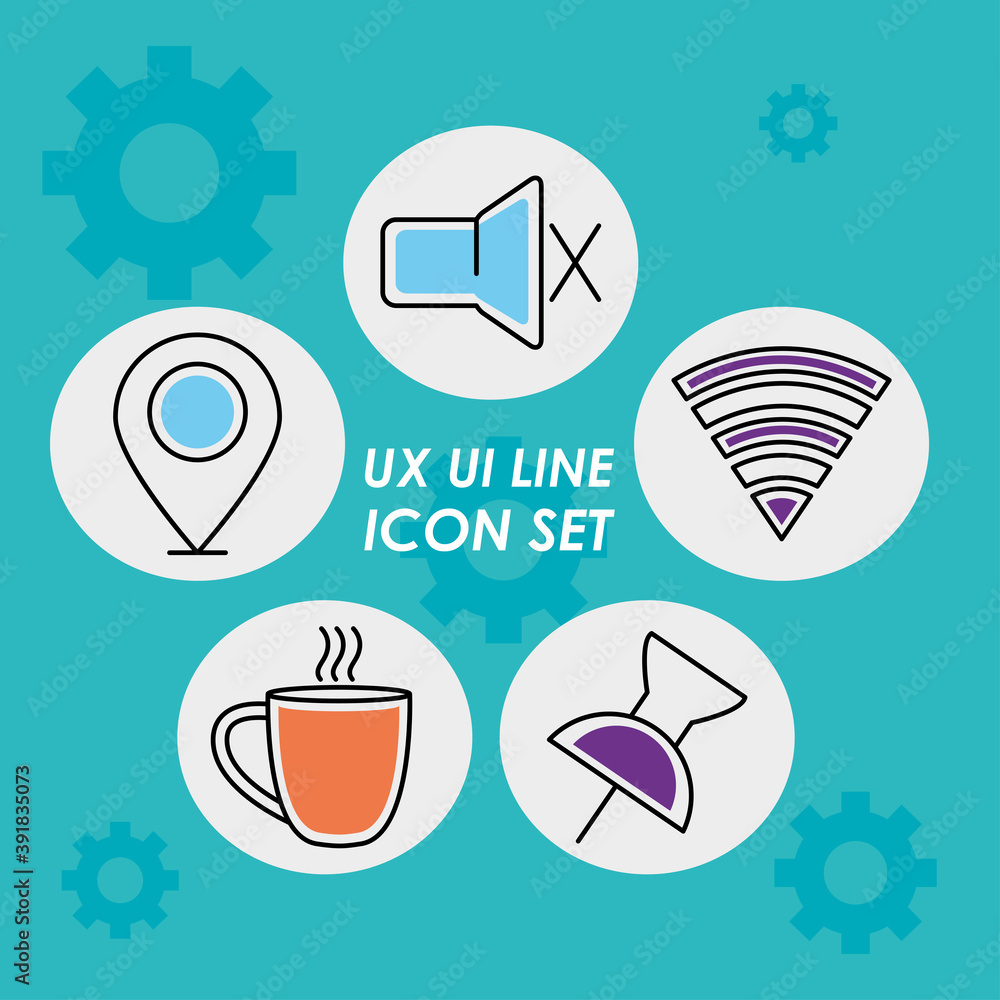 Poster ux ui line icons set, half line half color style