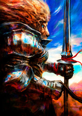 A huge knight lion, in massive steel armor shining brightly and reflecting the colorful world around him, rides on horseback with a huge spear in his hand, he has blue eyes and a lush mane. 2D 