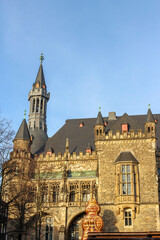 Aachen / Germany - December 28, 2019: The Aachener Rathaus, the Town Hall of Aachen, built in the Gothic style. Germany, North Rhine-Westphalia.