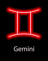 Red neon zodiac sign Gemini with caption. Predictions, astrology, horoscope.