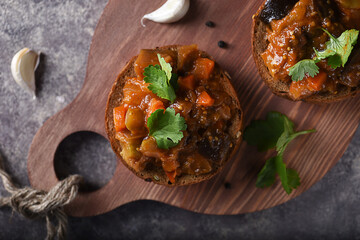Delicious vegetable caviar for a snack.