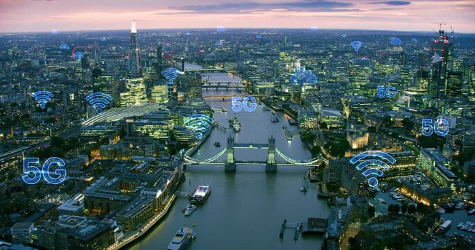 Hi tech metropolis connected through several networks. Internet of Things, massive world-wide network&nbsp;with interconnected physical objects: electronics, software, sensors. London. 5G.
