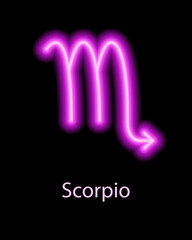 Pink neon zodiac sign Scorpio with caption. Predictions, astrology, horoscope.