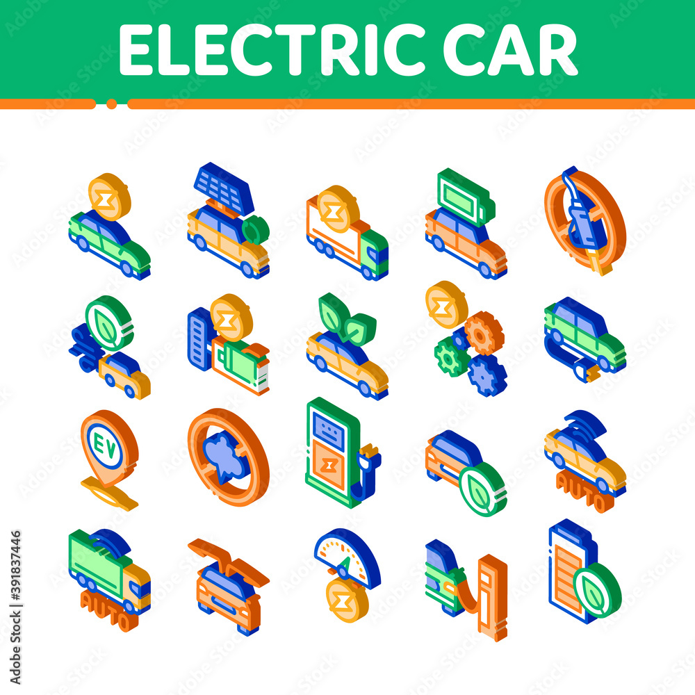 Poster Electric Car Transport Icons Set Vector. Isometric Electrical Car And Truck, Battery Charging And Vehicle Repair, Ecology Transportation Illustrations