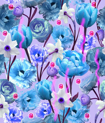 Fashion digital pattern photo print - abstract  bright pink spots, piones, tulips and daffodils ornament on purple background.