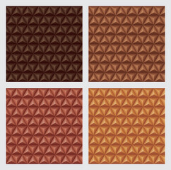 3d triangles pyramids, earth tone orange color backgrounds set. Geometric hexagons, diamonds shape, seamless patterns. Vector illustration.