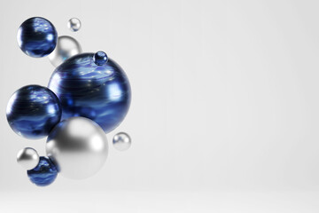 3d render of blue and silver baubles on white studio background. christmas banner