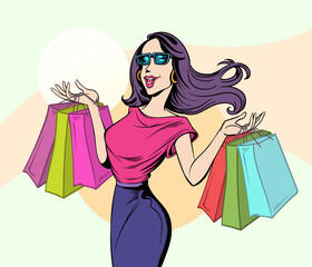 Women enjoy shopping, big discounts, buying products and gifts.She carried a paper bag filled with both hands. Pop art  hand drawn style vector design illustrations.

