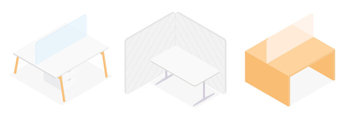 Set of isometric desks. Vector collection. Illustration in flat design.