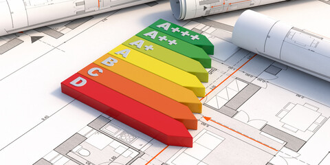Energy efficiency rating chart on blueprint plans background. 3d illustration - obrazy, fototapety, plakaty