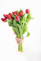 Hand of the woman is holding bouquet of tulips inserted through