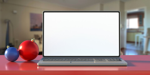 Blank screen laptop, Christmas decor background. 3d illustration